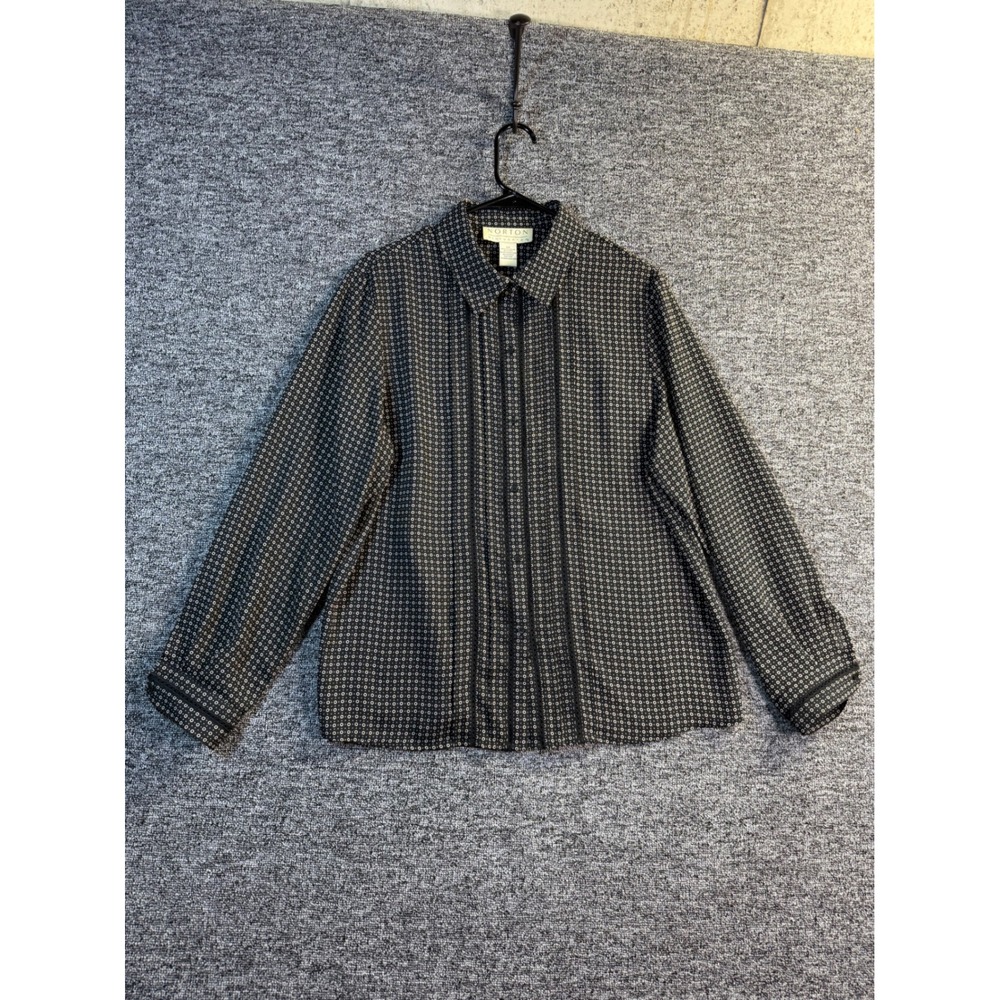 Norton McNaughton Black Cream Geometric Print Lace Trim Button Down Shirt Sz 14
